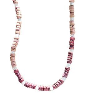 Handmade Boho Beach Core Wooden Bead Necklace Pink White Fashion Jewelry Women